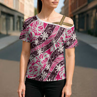 Tarona Tahiti Tiare Monstera Cross Shoulder Shirt Polynesian Pattern Curve Style - Polynesian Pride