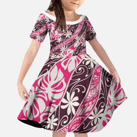 Tarona Tahiti Tiare Monstera Family Matching Off The Shoulder Long Sleeve Dress and Hawaiian Shirt Polynesian Pattern Curve Style LT01 Daughter's Dress Pink - Polynesian Pride