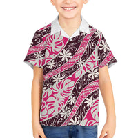 Tarona Tahiti Tiare Monstera Family Matching Off The Shoulder Long Sleeve Dress and Hawaiian Shirt Polynesian Pattern Curve Style LT01 Son's Shirt Pink - Polynesian Pride