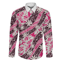 Tarona Tahiti Tiare Monstera Family Matching Off Shoulder Maxi Dress and Hawaiian Shirt Polynesian Pattern Curve Style LT01 Dad's Shirt - Long Sleeve Pink - Polynesian Pride