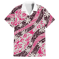 Tarona Tahiti Tiare Monstera Family Matching Off Shoulder Short Dress and Hawaiian Shirt Polynesian Pattern Curve Style LT01 Dad's Shirt - Short Sleeve Pink - Polynesian Pride