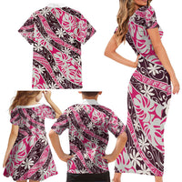 Tarona Tahiti Tiare Monstera Family Matching Short Sleeve Bodycon Dress and Hawaiian Shirt Polynesian Pattern Curve Style - Polynesian Pride