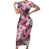 Tarona Tahiti Tiare Monstera Family Matching Short Sleeve Bodycon Dress and Hawaiian Shirt Polynesian Pattern Curve Style LT01 Mom's Dress Pink - Polynesian Pride