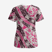 Tarona Tahiti Tiare Monstera Scrub Top Polynesian Pattern Curve Style - Polynesian Pride
