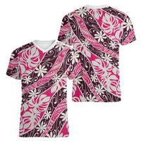 Tarona Tahiti Tiare Monstera Women V-Neck T-Shirt Polynesian Pattern Curve Style - Polynesian Pride