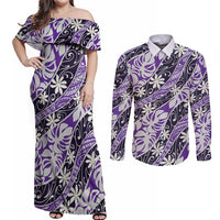 Vareau Tahiti Tiare Monstera Couples Matching Off Shoulder Maxi Dress and Long Sleeve Button Shirt Polynesian Pattern Curve Style - Polynesian Pride