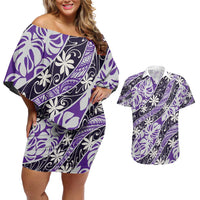 Vareau Tahiti Tiare Monstera Couples Matching Off Shoulder Short Dress and Hawaiian Shirt Polynesian Pattern Curve Style - Polynesian Pride