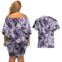 Vareau Tahiti Tiare Monstera Couples Matching Off Shoulder Short Dress and Hawaiian Shirt Polynesian Pattern Curve Style - Polynesian Pride