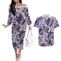 Vareau Tahiti Tiare Monstera Couples Matching Off The Shoulder Long Sleeve Dress and Hawaiian Shirt Polynesian Pattern Curve Style - Polynesian Pride