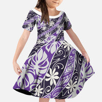 Vareau Tahiti Tiare Monstera Family Matching Off Shoulder Maxi Dress and Hawaiian Shirt Polynesian Pattern Curve Style LT01 Daughter's Dress Purple - Polynesian Pride