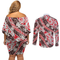 Uteute Tahiti Tiare Monstera Couples Matching Off Shoulder Short Dress and Long Sleeve Button Shirt Polynesian Pattern Curve Style - Polynesian Pride