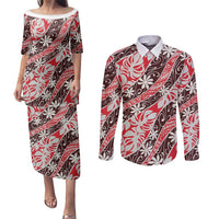 Uteute Tahiti Tiare Monstera Couples Matching Puletasi and Long Sleeve Button Shirt Polynesian Pattern Curve Style - Polynesian Pride