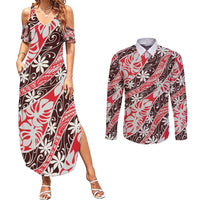 Uteute Tahiti Tiare Monstera Couples Matching Summer Maxi Dress and Long Sleeve Button Shirt Polynesian Pattern Curve Style - Polynesian Pride