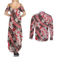 Uteute Tahiti Tiare Monstera Couples Matching Summer Maxi Dress and Long Sleeve Button Shirt Polynesian Pattern Curve Style - Polynesian Pride