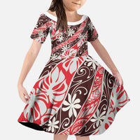 Uteute Tahiti Tiare Monstera Family Matching Long Sleeve Bodycon Dress and Hawaiian Shirt Polynesian Pattern Curve Style LT01 Daughter's Dress Red - Polynesian Pride
