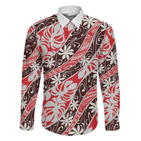 Uteute Tahiti Tiare Monstera Family Matching Long Sleeve Bodycon Dress and Hawaiian Shirt Polynesian Pattern Curve Style LT01 Dad's Shirt - Long Sleeve Red - Polynesian Pride