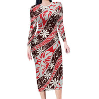 Uteute Tahiti Tiare Monstera Family Matching Long Sleeve Bodycon Dress and Hawaiian Shirt Polynesian Pattern Curve Style LT01 Mom's Dress Red - Polynesian Pride