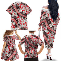 Uteute Tahiti Tiare Monstera Family Matching Off The Shoulder Long Sleeve Dress and Hawaiian Shirt Polynesian Pattern Curve Style - Polynesian Pride