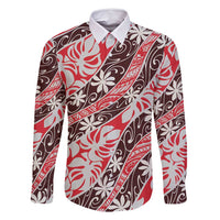 Uteute Tahiti Tiare Monstera Family Matching Off Shoulder Maxi Dress and Hawaiian Shirt Polynesian Pattern Curve Style LT01 Dad's Shirt - Long Sleeve Red - Polynesian Pride