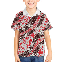 Uteute Tahiti Tiare Monstera Family Matching Off Shoulder Maxi Dress and Hawaiian Shirt Polynesian Pattern Curve Style LT01 Son's Shirt Red - Polynesian Pride