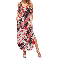 Uteute Tahiti Tiare Monstera Family Matching Summer Maxi Dress and Hawaiian Shirt Polynesian Pattern Curve Style LT01 Mom's Dress Red - Polynesian Pride