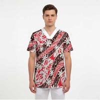Uteute Tahiti Tiare Monstera Scrub Top Polynesian Pattern Curve Style - Polynesian Pride
