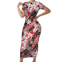 Uteute Tahiti Tiare Monstera Short Sleeve Bodycon Dress Polynesian Pattern Curve Style - Polynesian Pride