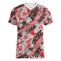 Uteute Tahiti Tiare Monstera Women V-Neck T-Shirt Polynesian Pattern Curve Style - Polynesian Pride