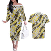 Rearea Tahiti Tiare Monstera Couples Matching Off The Shoulder Long Sleeve Dress and Hawaiian Shirt Polynesian Pattern Curve Style - Polynesian Pride