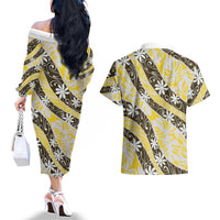 Rearea Tahiti Tiare Monstera Couples Matching Off The Shoulder Long Sleeve Dress and Hawaiian Shirt Polynesian Pattern Curve Style - Polynesian Pride