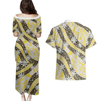 Rearea Tahiti Tiare Monstera Couples Matching Puletasi and Hawaiian Shirt Polynesian Pattern Curve Style - Polynesian Pride