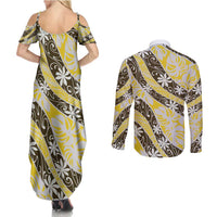 Rearea Tahiti Tiare Monstera Couples Matching Summer Maxi Dress and Long Sleeve Button Shirt Polynesian Pattern Curve Style - Polynesian Pride