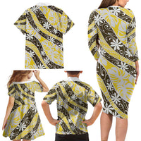 Rearea Tahiti Tiare Monstera Family Matching Long Sleeve Bodycon Dress and Hawaiian Shirt Polynesian Pattern Curve Style LT01 - Polynesian Pride