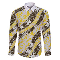 Rearea Tahiti Tiare Monstera Family Matching Off The Shoulder Long Sleeve Dress and Hawaiian Shirt Polynesian Pattern Curve Style LT01 Dad's Shirt - Long Sleeve Yellow - Polynesian Pride