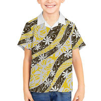 Rearea Tahiti Tiare Monstera Family Matching Off Shoulder Short Dress and Hawaiian Shirt Polynesian Pattern Curve Style LT01 Son's Shirt Yellow - Polynesian Pride