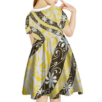 Rearea Tahiti Tiare Monstera Kid Short Sleeve Dress Polynesian Pattern Curve Style - Polynesian Pride