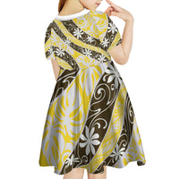 Rearea Tahiti Tiare Monstera Kid Short Sleeve Dress Polynesian Pattern Curve Style - Polynesian Pride