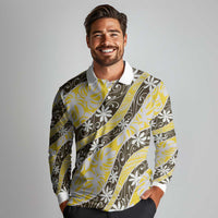 Rearea Tahiti Tiare Monstera Long Sleeve Polo Shirt Polynesian Pattern Curve Style - Polynesian Pride