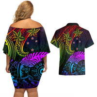Wellington Pride Couples Matching Off Shoulder Short Dress and Hawaiian Shirt Aotearoa Tribal Rainbow Pattern LT01 - Polynesian Pride
