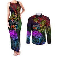 Wellington Pride Couples Matching Tank Maxi Dress and Long Sleeve Button Shirt Aotearoa Tribal Rainbow Pattern LT01 Black - Polynesian Pride
