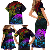 Wellington Pride Family Matching Short Sleeve Bodycon Dress and Hawaiian Shirt Aotearoa Tribal Rainbow Pattern LT01 - Polynesian Pride