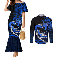 Personalised Hawaii Couples Matching Mermaid Dress and Long Sleeve Button Shirts Maui Be Strong Kakau Blue Version LT01 Blue - Polynesian Pride