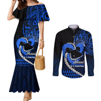 Personalised Hawaii Couples Matching Mermaid Dress and Long Sleeve Button Shirts Maui Be Strong Kakau Blue Version LT01 Blue - Polynesian Pride
