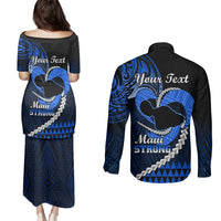 Personalised Hawaii Couples Matching Puletasi Dress and Long Sleeve Button Shirts Maui Be Strong Kakau Blue Version LT01 - Polynesian Pride