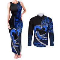 Personalised Hawaii Couples Matching Tank Maxi Dress and Long Sleeve Button Shirts Maui Be Strong Kakau Blue Version LT01 Blue - Polynesian Pride