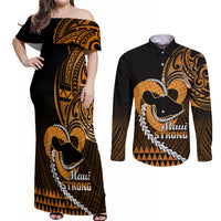 Personalised Hawaii Couples Matching Off Shoulder Maxi Dress and Long Sleeve Button Shirts Maui Be Strong Kakau Gold Version LT01 Gold - Polynesian Pride