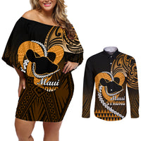 Personalised Hawaii Couples Matching Off Shoulder Short Dress and Long Sleeve Button Shirts Maui Be Strong Kakau Gold Version LT01 Gold - Polynesian Pride