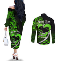 Personalised Hawaii Couples Matching Off The Shoulder Long Sleeve Dress and Long Sleeve Button Shirts Maui Be Strong Kakau Green Version LT01 - Polynesian Pride