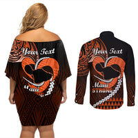 Personalised Hawaii Couples Matching Off Shoulder Short Dress and Long Sleeve Button Shirts Maui Be Strong Kakau Orange Version LT01 - Polynesian Pride