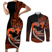 Personalised Hawaii Couples Matching Short Sleeve Bodycon Dress and Long Sleeve Button Shirts Maui Be Strong Kakau Orange Version LT01 Orange - Polynesian Pride